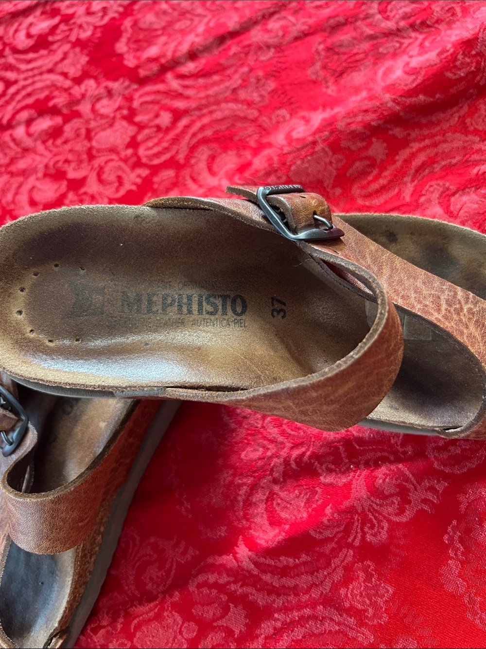 Mephisto Tan Leather Slide Sandals Women's EU 37 US 6.5-7 Adjustable Buckle